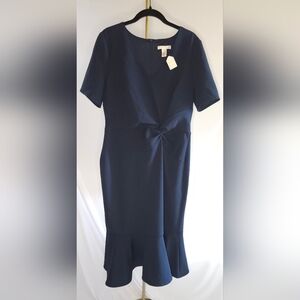 London Times Navy V-Neck Twist-Waist Flounce Hem Midi Dress